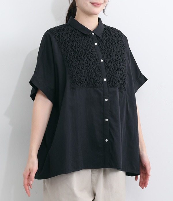 コットンサテン スモッキング刺繍 ワイドシャツ(ブラック)