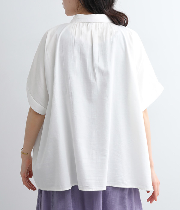 コットンサテン スモッキング刺繍 ワイドシャツ(B・ホワイト)