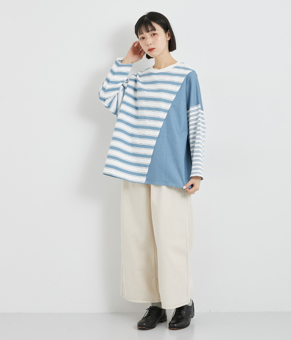OE天竺デニムドッキングワイドＴシャツ(A・ブルーボーダー)