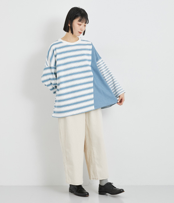 OE天竺デニムドッキングワイドＴシャツ(A・ブルーボーダー)