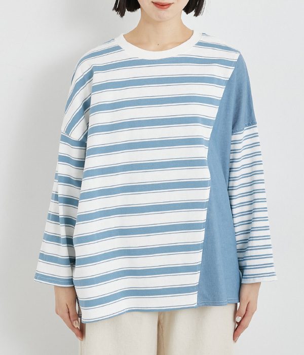 OE天竺デニムドッキングワイドＴシャツ(A・ブルーボーダー)