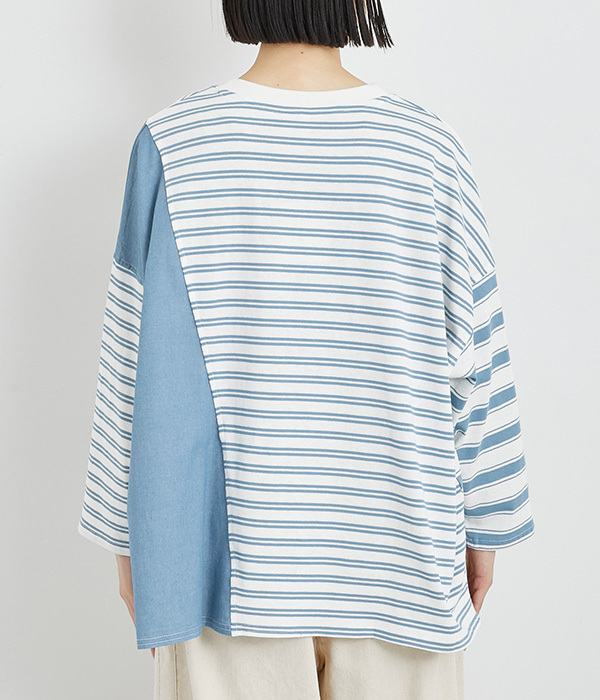 OE天竺デニムドッキングワイドＴシャツ(A・ブルーボーダー)