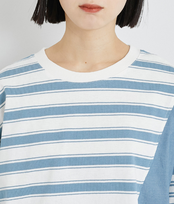 OE天竺デニムドッキングワイドＴシャツ(A・ブルーボーダー)
