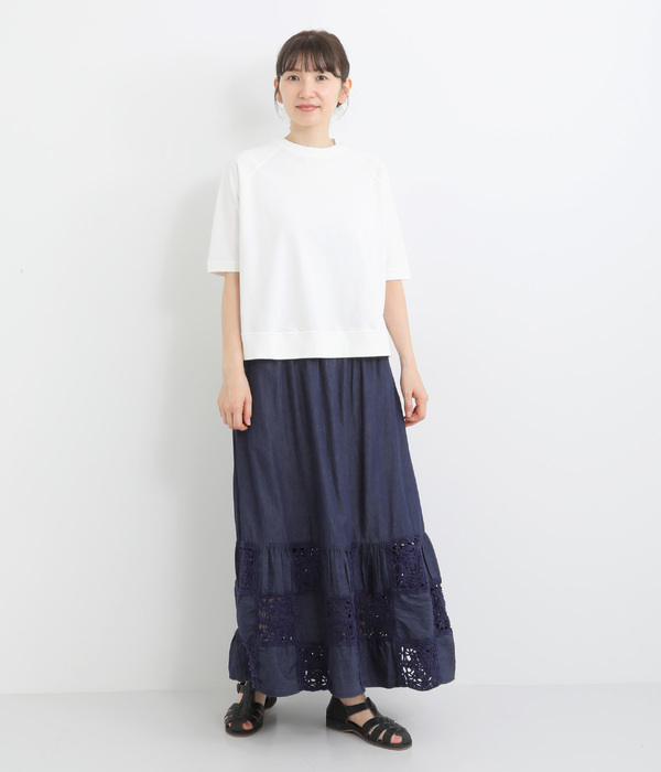 5.5ozデニムxカギ編みレース パッチワークスカート(A・ネイビーデニム)