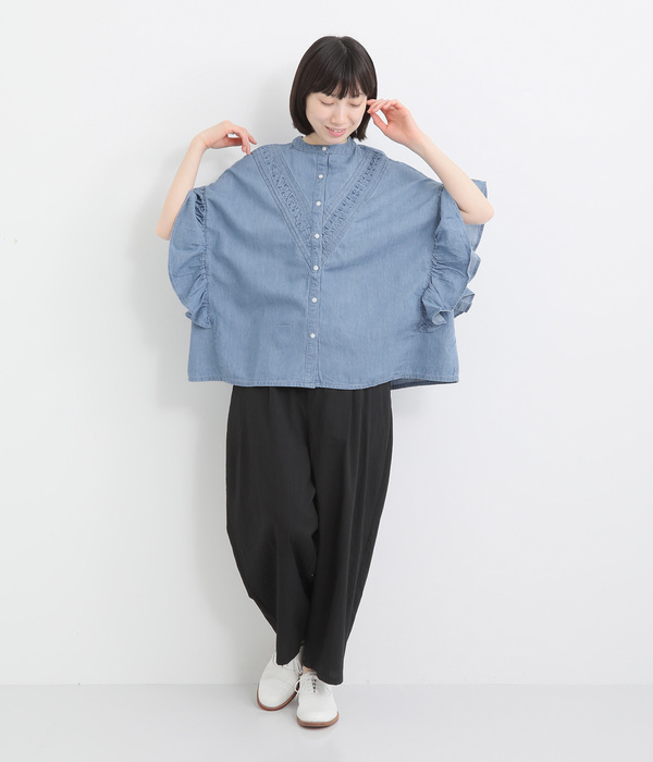 5.5ozデニム スリーブフレアブラウス(A・ライトブルー)