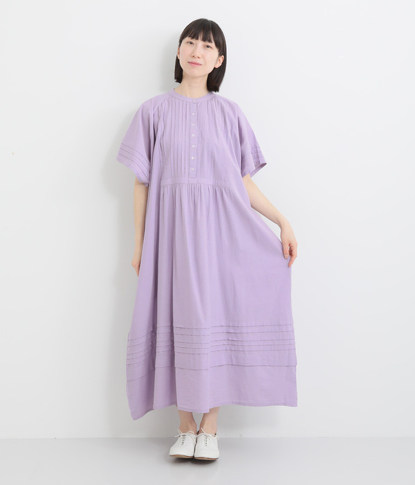 シャンブレー 半袖ピンタックワンピース(A・パープル)