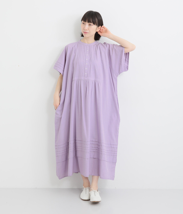シャンブレー 半袖ピンタックワンピース(A・パープル)
