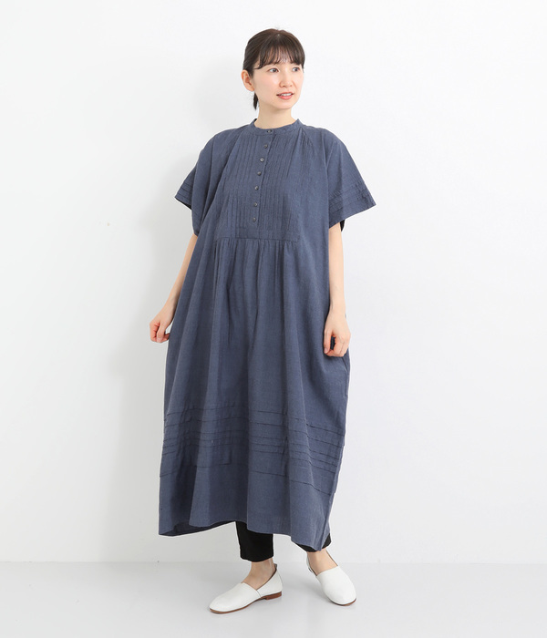 シャンブレー 半袖ピンタックワンピース(A・パープル)