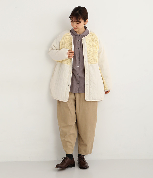 【別注】ニットシャギー切替キルティングミドルコート(A・アイボリー)