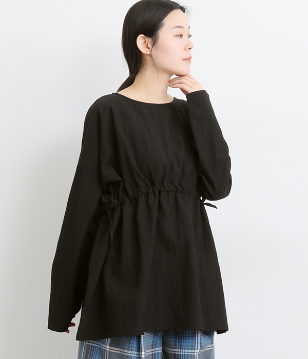 レーヨンナイロンvintagewash加工絞りフレアボリュームブラウス(D・ブラック)