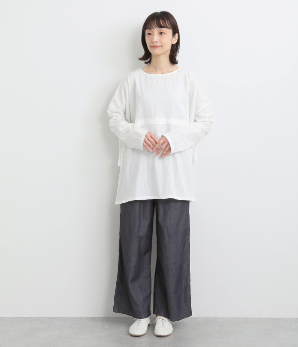 レーヨンナイロンvintagewash加工絞りフレアボリュームブラウス(D・ブラック)