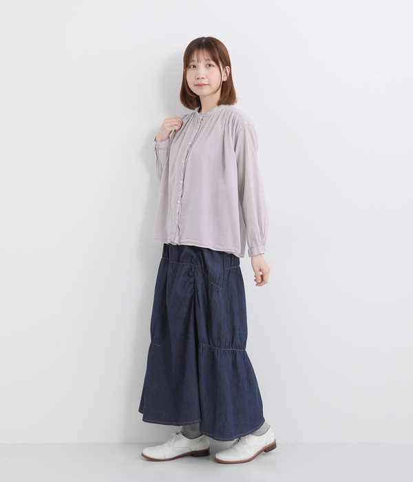 コットン日本製品染めスタンドカラーブラウス(E・チャコール)