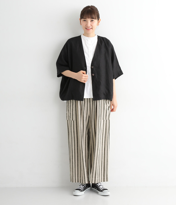 コットンリネン平織　ワイドパンツ(ストライプグレージュ)