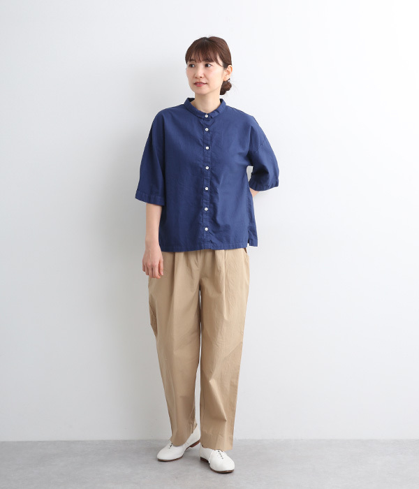 コットンオックス日本製品染6分袖シャツ(E・ブラック)