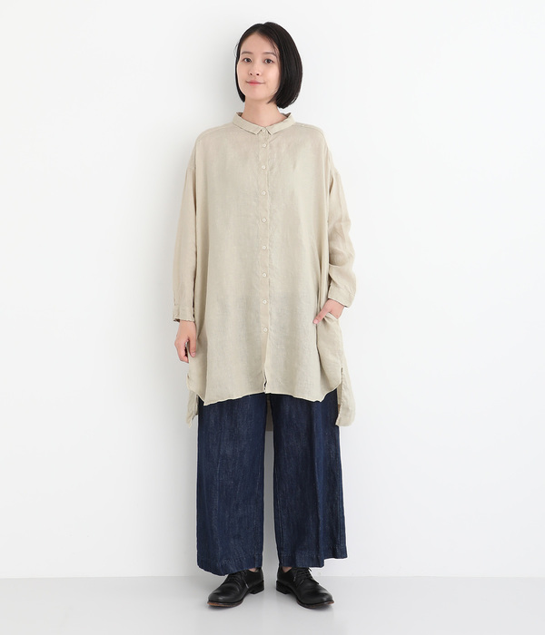 リネン平織日本製品染　ギャザーワイドチュニック(A・シロ)