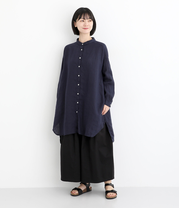 リネン平織日本製品染　ギャザーワイドチュニック(A・シロ)
