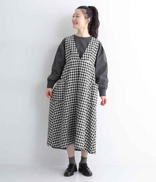 コットンリネン平織りジャンパースカート(ギンガムキナリ×ブラック)