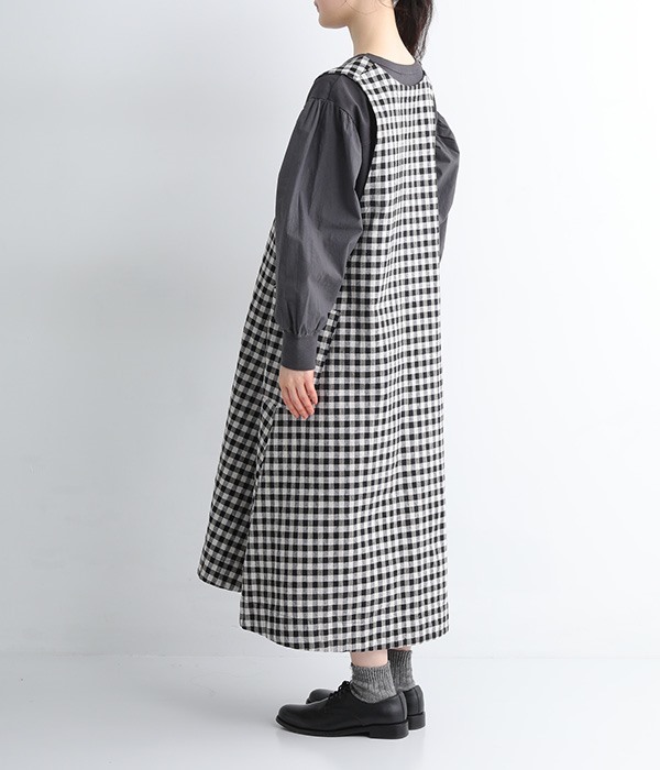 コットンリネン平織りジャンパースカート(ギンガムキナリ×ブラック)