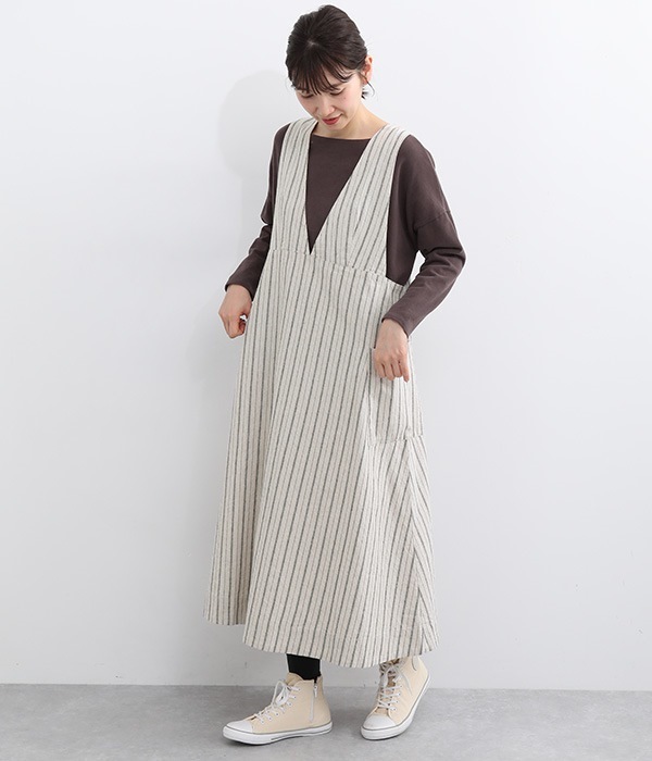 コットンリネン平織りジャンパースカート(C・ストライプキナリ×チャコール)