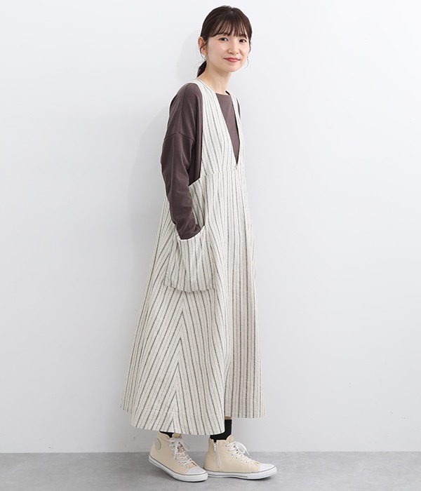 コットンリネン平織りジャンパースカート(C・ストライプキナリ×チャコール)