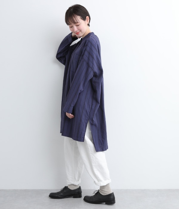 【tukuroi by SUN VALLEY】コットン×ポリエステルドビーストライプ　日本製品染チュニックシャツ(B・モーヴネイビー)