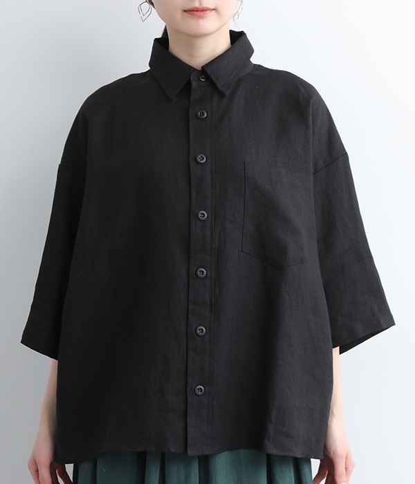 フレンチリネンナチュラルフローグランパシャツ(B・ブラック)