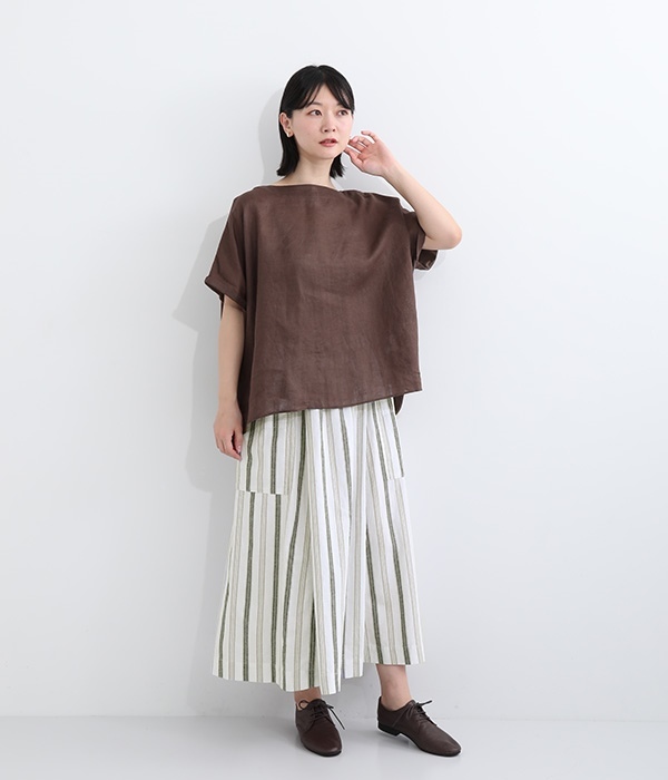 コットンリネン平織　サイドポケットAラインスカート(A・ストライプ/ホワイト×ブラック)