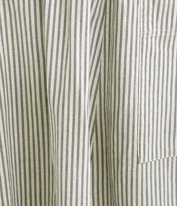 コットンリネン平織　サイドポケットAラインスカート(B・ストライプ/ブルー×キナリ)