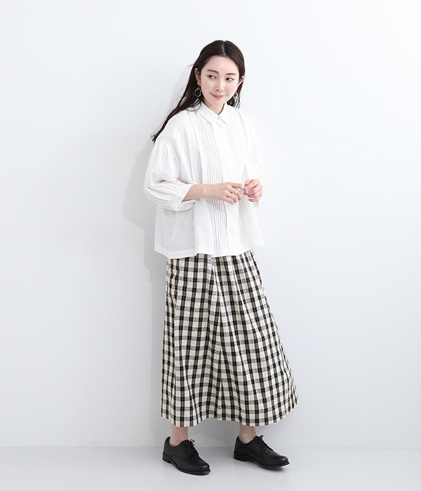 コットンリネン平織　サイドポケットAラインスカート(C・ギンガム/ブラック×キナリ)