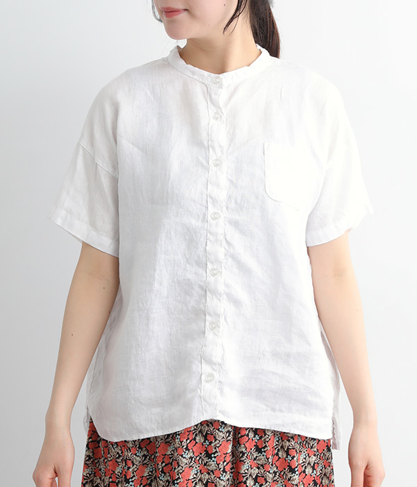 フレンチリネン　日本製品染　スタンドカラーシャツ(A・ホワイト)
