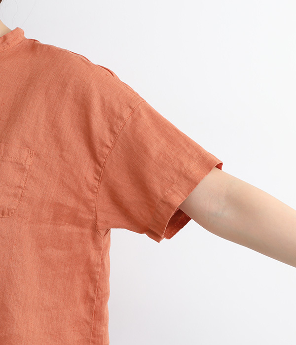 フレンチリネン　日本製品染　スタンドカラーシャツ(D・コーラルオレンジ)