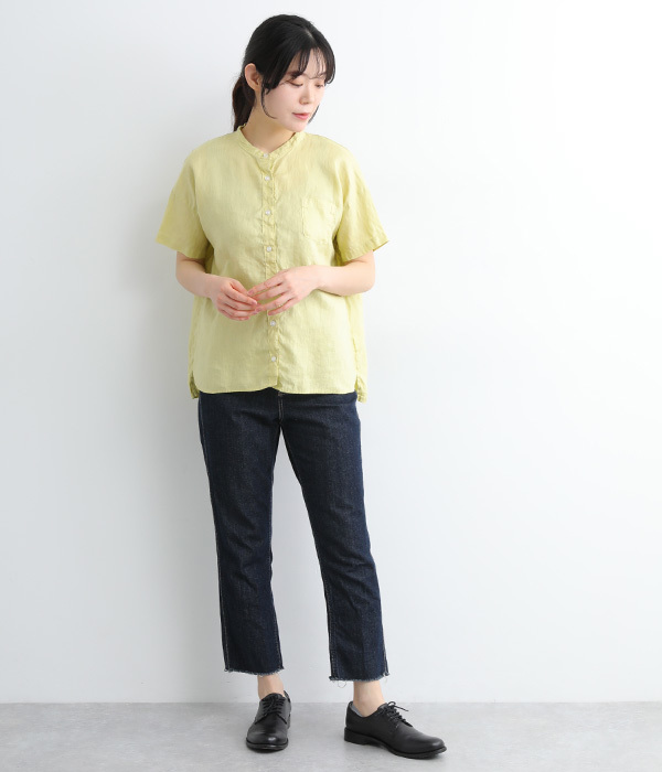 フレンチリネン　日本製品染　スタンドカラーシャツ(D・コーラルオレンジ)