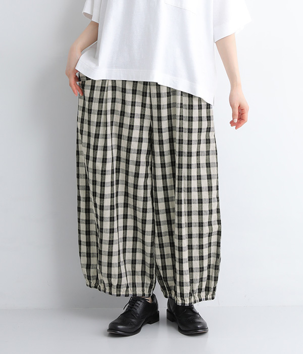 コットンリネン平織　裾ゴムギャザーパンツ(ギンガム/ブラック×キナリ)