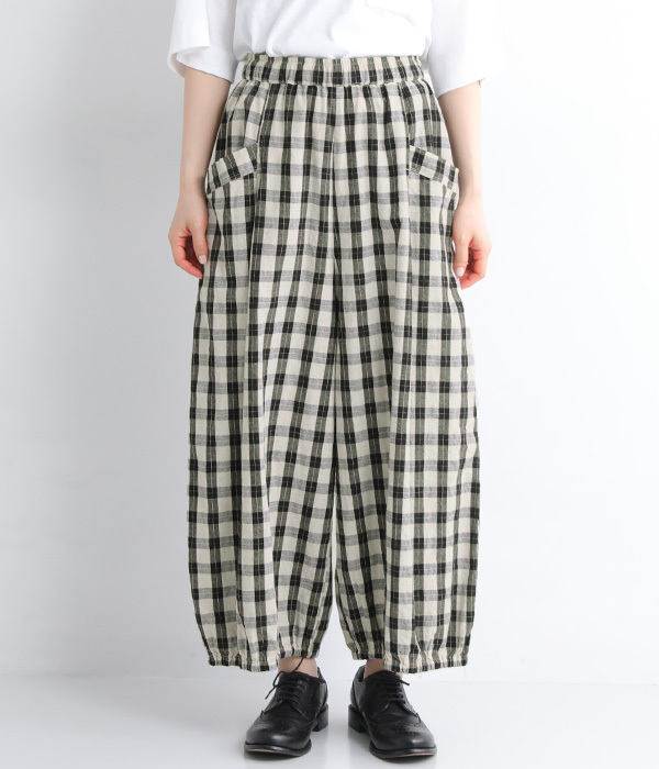 コットンリネン平織　裾ゴムギャザーパンツ(ギンガム/ブラック×キナリ)