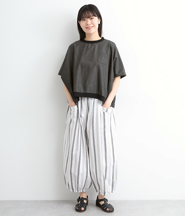 コットンリネン平織　裾ゴムギャザーパンツ(B・ストライプ/ホワイト×ブラック)