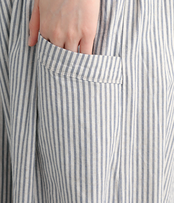 コットンリネン平織　裾ゴムギャザーパンツ(B・ストライプ/ホワイト×ブラック)