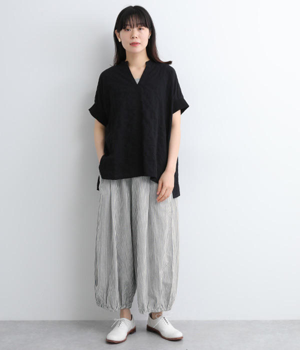 コットンリネン平織　裾ゴムギャザーパンツ(C・ストライプ/ブルー×キナリ)