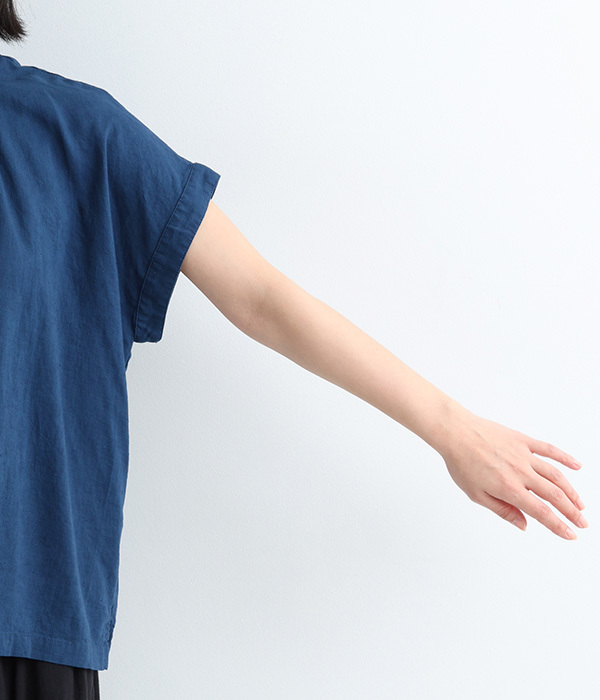 リネンレーヨン平織　スタンドカラーシャツ(B・ブルー)