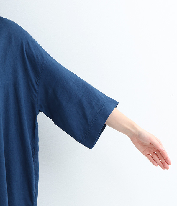 リネンレーヨン平織　7分袖チビ襟ワンピース(B・ブルー)