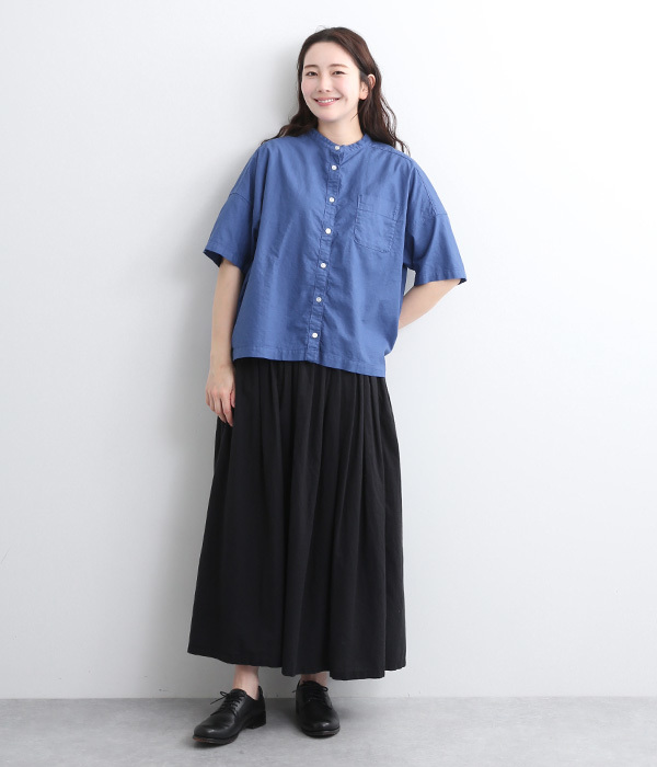 オックス日本製品染　後ろギャザー5分袖ワイドシャツ(D・ブルー)