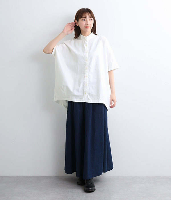 オックス日本製品染　スタンドカラー裾タックチュニック(A・ホワイト)