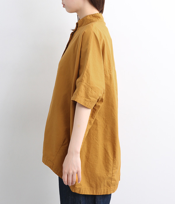 オックス日本製品染　スタンドカラー裾タックチュニック(C・オレンジ)