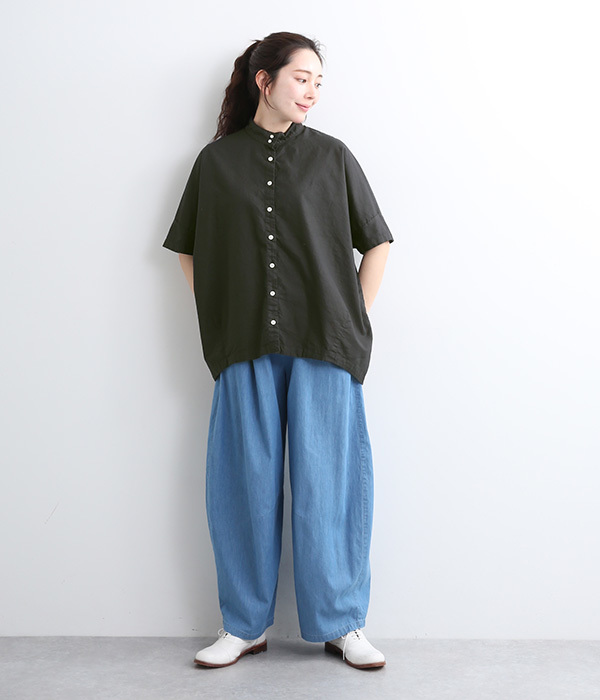 オックス日本製品染　スタンドカラー裾タックチュニック(E・チャコール)