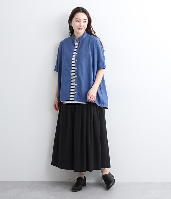 オックス日本製品染　スタンドカラー裾タックチュニック(E・チャコール)
