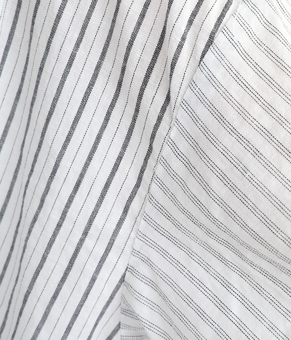 コットンリネン平織ストライプ切替　日本製品染　ボリューム袖ブラウス(A・ワンウォッシュ)