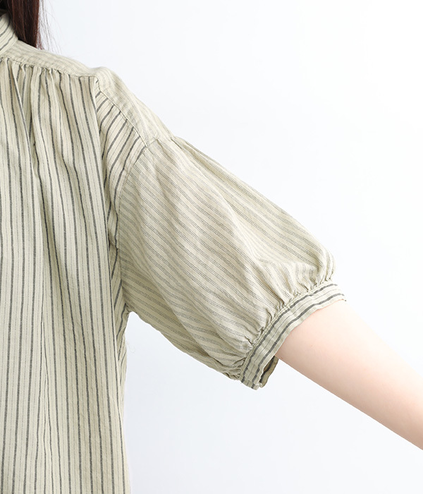 コットンリネン平織ストライプ切替　日本製品染　ボリューム袖ブラウス(A・ワンウォッシュ)