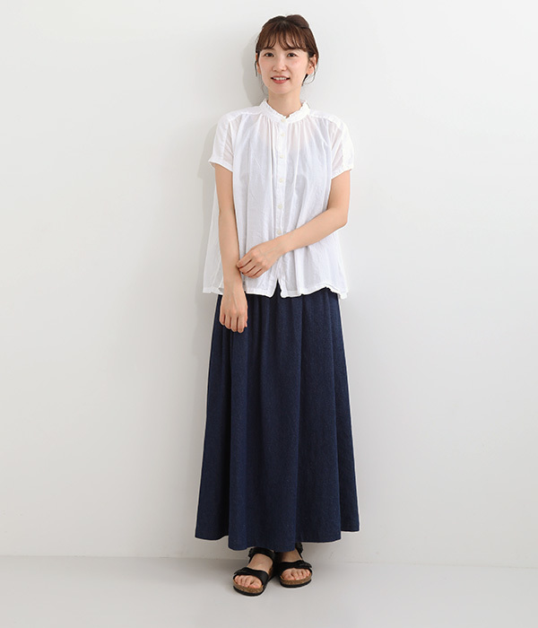コットンボイル日本製品染　フリル襟フレンチスリーブシャツ(A・ホワイト)