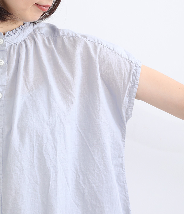 コットンボイル日本製品染　フリル襟フレンチスリーブシャツ(A・ホワイト)