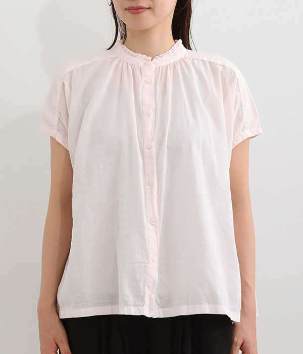 コットンボイル日本製品染　フリル襟フレンチスリーブシャツ(B・ピンク)