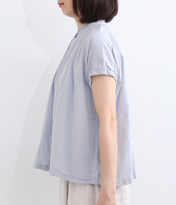 コットンボイル日本製品染　フリル襟フレンチスリーブシャツ(C・ミストブルー)